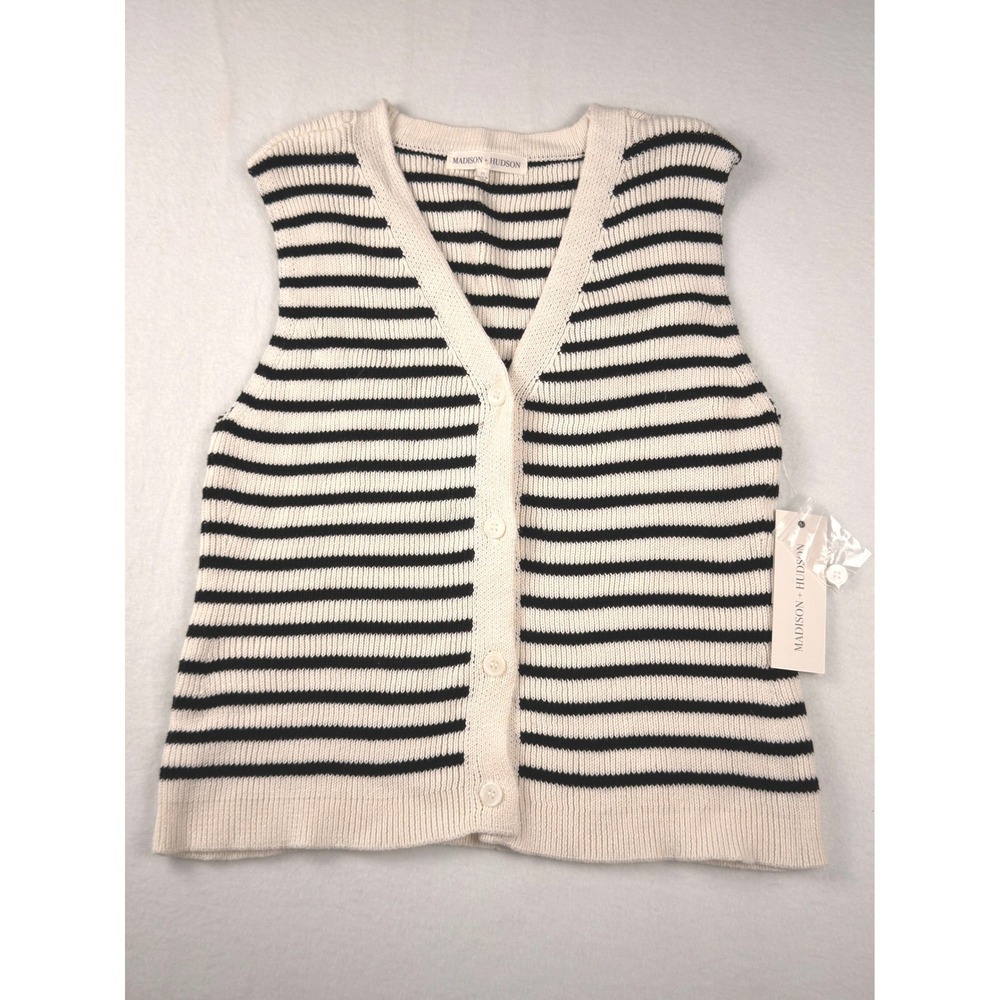 Madison + Hudson Striped V-Neck Button Front Knit Sweater Vest GS67235 Cream M